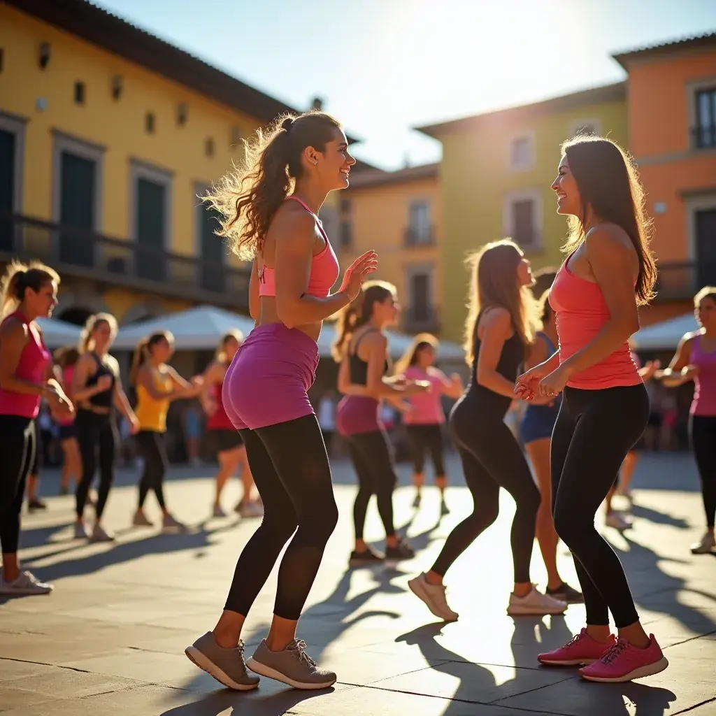 Participantes levantando pesas mientras sonríen y se motivan entre ellos.