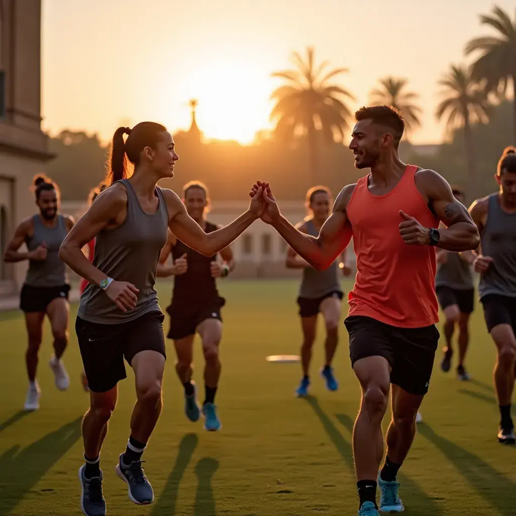 Equipo de entrenamiento en un campo abierto, con obstáculos y conos.
