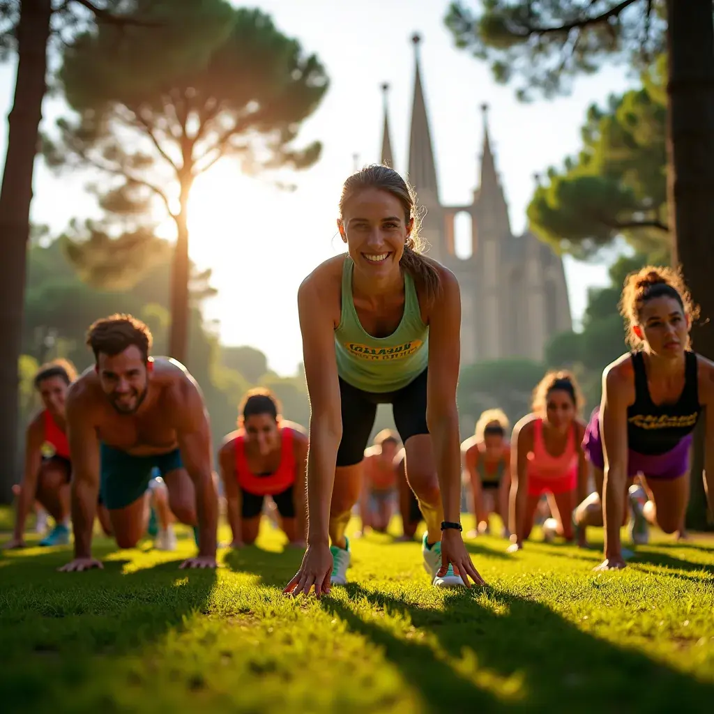 Grupo de personas entrenando al aire libre en un bootcamp militar, motivándose mutuamente durante una intensa sesión de ejercicio.