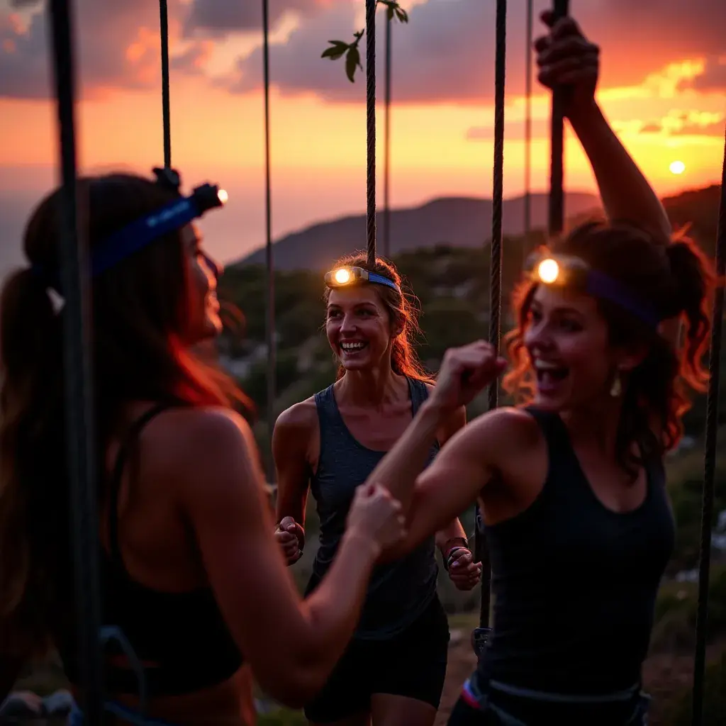 Grupo en formación realizando ejercicios de estiramiento bajo el sol.