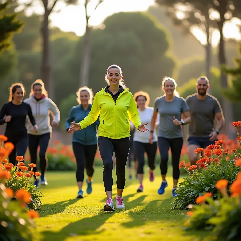 Mujeres y hombres corriendo juntos en un sendero rodeado de árboles.