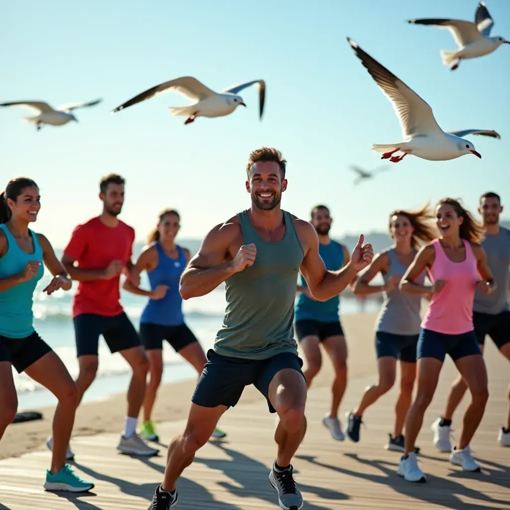 Ejercicio de equipo, todos levantando los brazos en señal de victoria.
