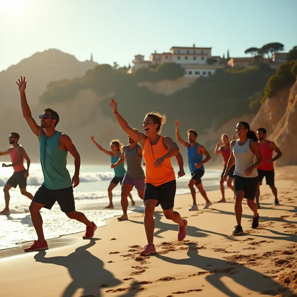 Vista panorámica de un grupo entrenando en la playa al amanecer.