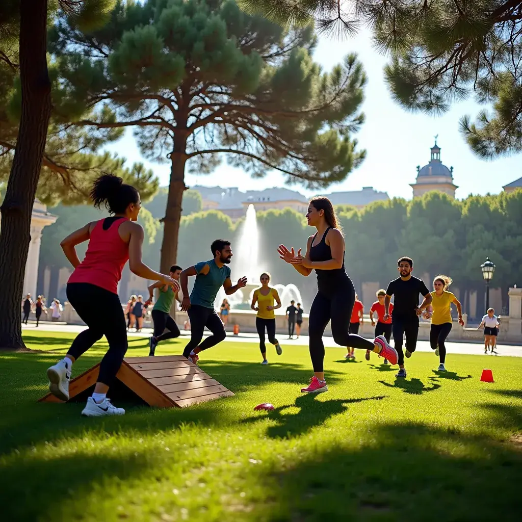 Entrenador demostrando una técnica de ejercicios en un campo.