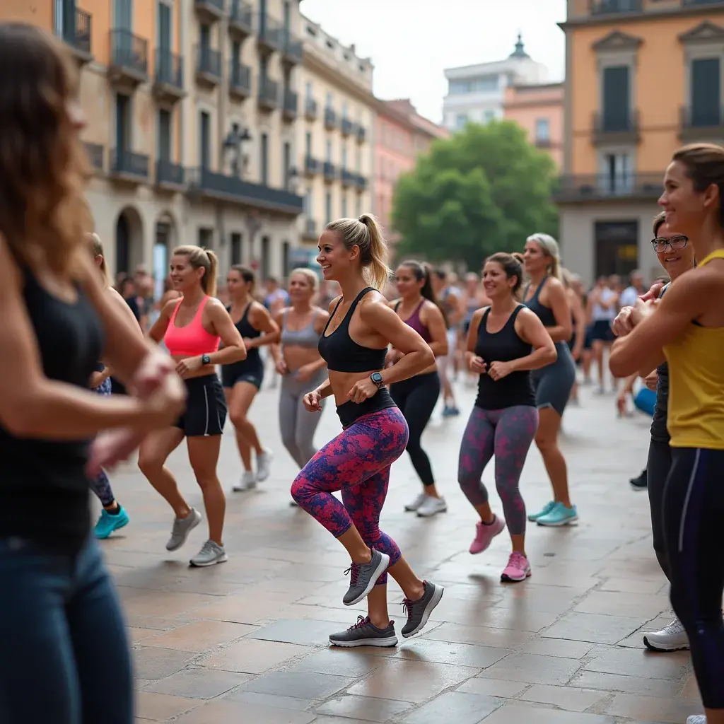 Grupo realizando carreras de relevos en un espacio exterior amplio.